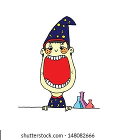 A cartoon of a young boy wizard with a wide open mouth with blank space for text. 