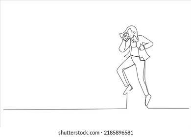 Cartoon of young business woman in the office. Continuous line art style
