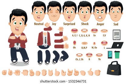 Cartoon young businessman constructor for animation. Parts of body: legs, arms, face emotions, hands gestures, lips sync. Full length, front, three quarter view. Set of ready to use poses, objects.