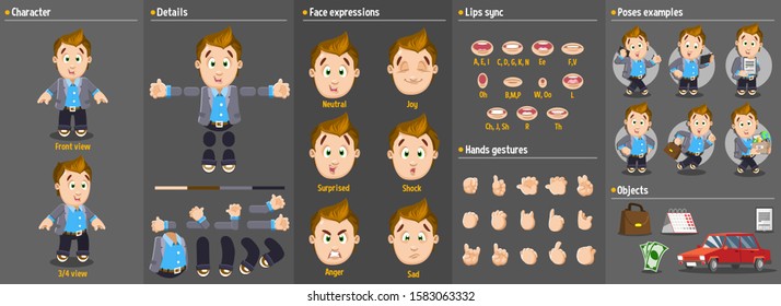 Cartoon young businessman constructor for animation. Parts of body: legs, arms, face emotions, hands gestures, lips sync. Full length, front, three quater view. Set of ready to use poses, objects.