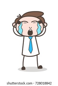 Cartoon Young Businessman Crying Face Vector