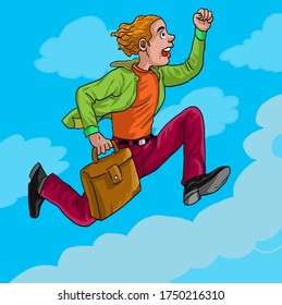 Cartoon young businessman runs up  to the sky. 