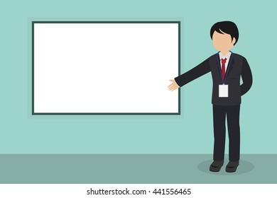 cartoon young businessman in suit presenting something on a blank board vector