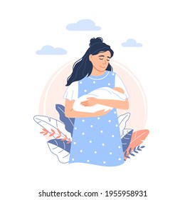 Caricatura de una joven madre caucásica sostiene en sus brazos a un lindo recién nacido aislado en un entorno natural al aire libre. Mujer sonriente con un niño adorable durmiendo Ilustración vectorial de la infancia plana para el diseño de pancartas