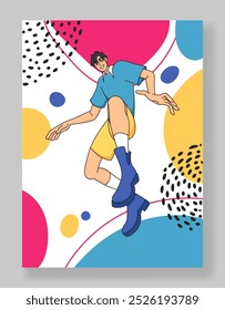 Cartoon young character. Happy guy portrait. Flying man. Excited male pose. Abstract color shapes. Doodle circles. Trendy person dancing or jumping. Free flight. Flat dots and spots. Vector background