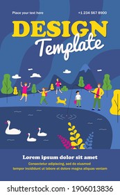 Caricatura de personajes jóvenes divirtiéndose de la naturaleza. Lago, niño, pesca de ilustración vectorial plana. Concepto de camping y aventura para banner, diseño de sitios web o página web de aterrizaje
