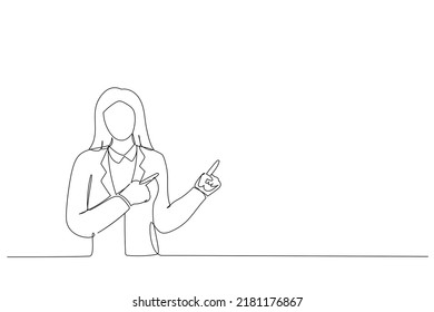 Cartoon of young cheerful woman showing way with fingers. Single continuous line art style
