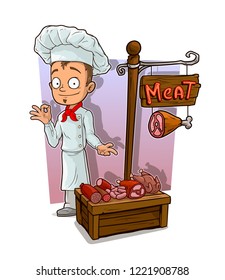 Cartoon young chef cook character and meat vendor booth or shop market with text sign. Vector icon for game.