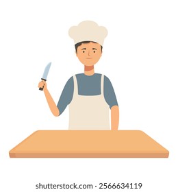 Cartoon of a young chef with a knife standing by a wooden chopping board