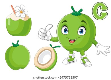 Cartoon young coconut fruit giving a thumb up