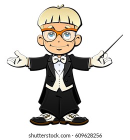 Cartoon young conductor in tailcoat.