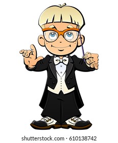 Cartoon young conductor in tailcoat.