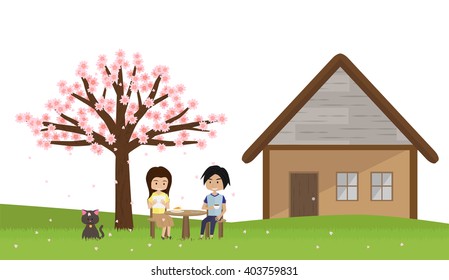 cartoon young couple with cat sitting under sakura cherry blossom tree. and small house behind. isolated vector