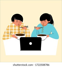 A cartoon young couple eating ramen noodles and watching a TV series on a laptop. People enjoy delicious food while watching a movie. Colorful vector illustration on an isolated yellow background.