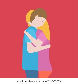 cartoon young Couple embracing and touching each other. 2 white people vector illustration hugging. two clean simple lovers man & woman or male & female together on a flat design for valentines day