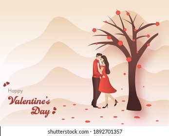 Cartoon Young Couple Embracing Under Flower Tree On The Occasion Of Happy Valentine's Day Concept.