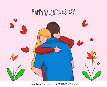 Cartoon Young Couple Hugging with Hearts Flying and Blossom Flower Plant on Pastel Pink Background for Happy Valentine's Day.