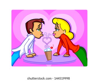 Cartoon of Young Couple on a Romantic Date Sharing a Milkshake