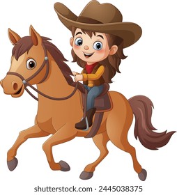 Cartoon young cowgirl riding on a horse