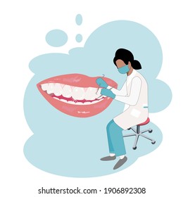 Cartoon young Dentist is working on the teeth of human mouth . Health, dental clinic appointment. Dental office. Tooth doctor examines the patient on white background.Vector illustration flat design 