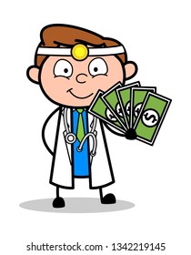 Cartoon Young Doctor Showing Cash Vector Illustration