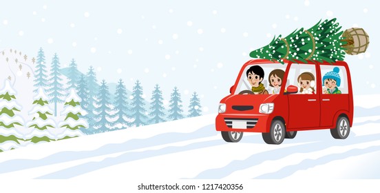 Cartoon young family riding the car which loaded the Christmas tree - Winter nature background