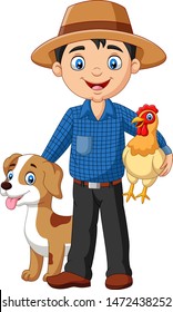 Cartoon young farmer with hen and dog