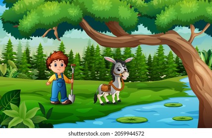 Cartoon young farmer herding a donkey by the river