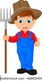 Cartoon young farmer holding rake