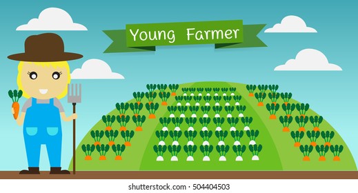 Cartoon young farmer holding rake and carrot.she happy in her farm.
