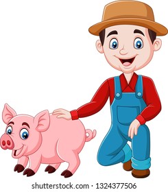 Cartoon young farmer with a pig