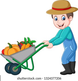 Cartoon young farmer pushing a wheelbarrow full of vegetables