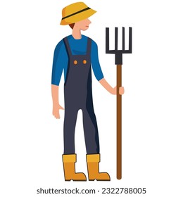 Cartoon young farmer in straw hat and holding rake