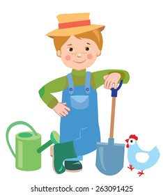 Cartoon Young Farmer. Watering Can, Shovel, Farmer. Farmer Works, Employee. Vector Illustration On White Background. A Hen. Vector Hat. Nature And The Farmer. Farmer Spring. Farmer's son Cultivate.