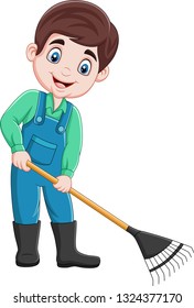 Cartoon young farmer working with a rake