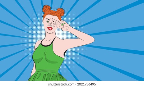 Cartoon young ginger girl showing two fingers up in peace or victory sign, V letter, retro pop art style