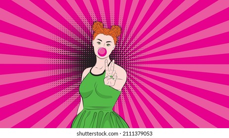 Cartoon young ginger girl showing two fingers up in peace or victory sign, V letter, retro pop art style