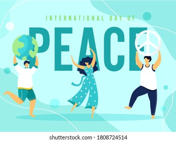 Cartoon Young Girl and Boys Dancing, Earth Globe, Peace Symbolism on Light Turquoise Background for International Peace Day.