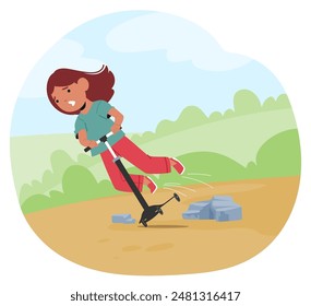 Cartoon Young Girl Character Falling Off A Scooter While Riding In A Park. Vector Image Captures A Moment Of Surprise And Potential Injury, Highlighting Themes Of Accidents And Outdoor Activities