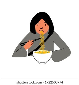 ラーメンを食べる漫画の若い女の子 女は美味しい食事を楽しむ 分離型白い背景にカラフルなベクターイラスト のベクター画像素材 ロイヤリティフリー Shutterstock