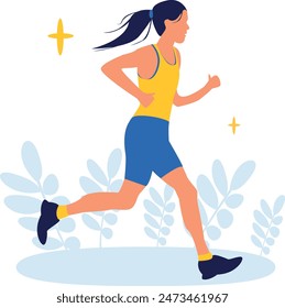 Cartoon young girl in flat style. Healthy lifestyle. Lose weight. Sports, running, training, jogging, marathon, city competitions, marathons, cardio training, physical exercise.