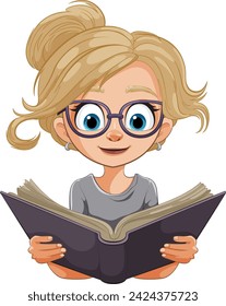 Cartoon of a young girl reading with interest