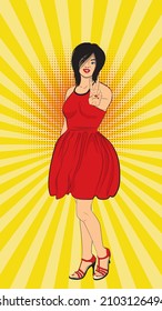 Cartoon young girl in red dress showing two fingers up in peace or victory sign, V letter, retro pop art style