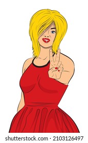 Cartoon young girl in red dress showing two fingers up in peace or victory sign, V letter, retro pop art style