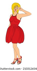 Cartoon young girl in red dress showing two fingers up in peace or victory sign, V letter, retro pop art style