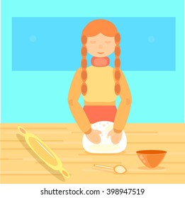 Cartoon young girl red hair cooking pie. Vector illustration