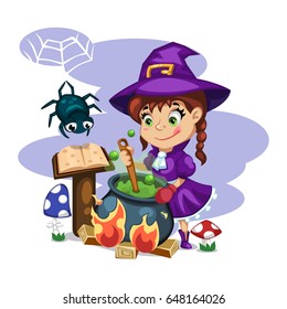 Cartoon young girl witch character, who brews a green potion in cauldron and spider hanging from web, magic spell book