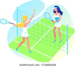 Cartoon young girlfriend playing tennis outside in cort with ball and professional racket isolated on a white, vector, illustration. Two player at summer time play game. Sports and health lifestyle.