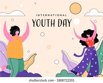Cartoon Young Girls in Dancing Poses with Leaves on Sun Pastel Peach Background for International Youth Day.