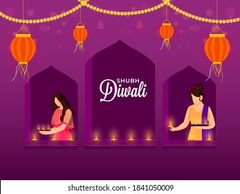 Cartoon Young Girls Decorated Windows From Lit Oil Lamps (Diya) with Hanging Lanterns (Kandil) On The Occasion Of Shubh Diwali.